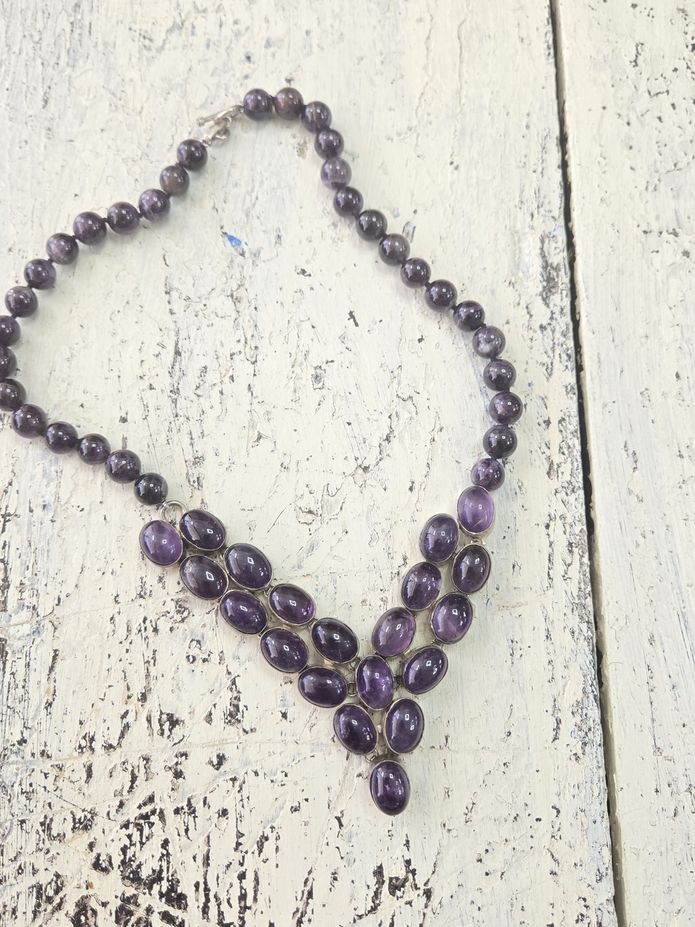 Purple Amethyst Beaded Statement Necklace Silver Tone 14"